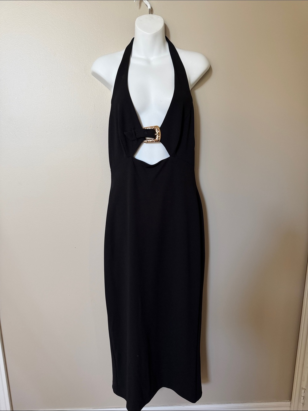 Black Halter Midi Dress with Buckle Detail